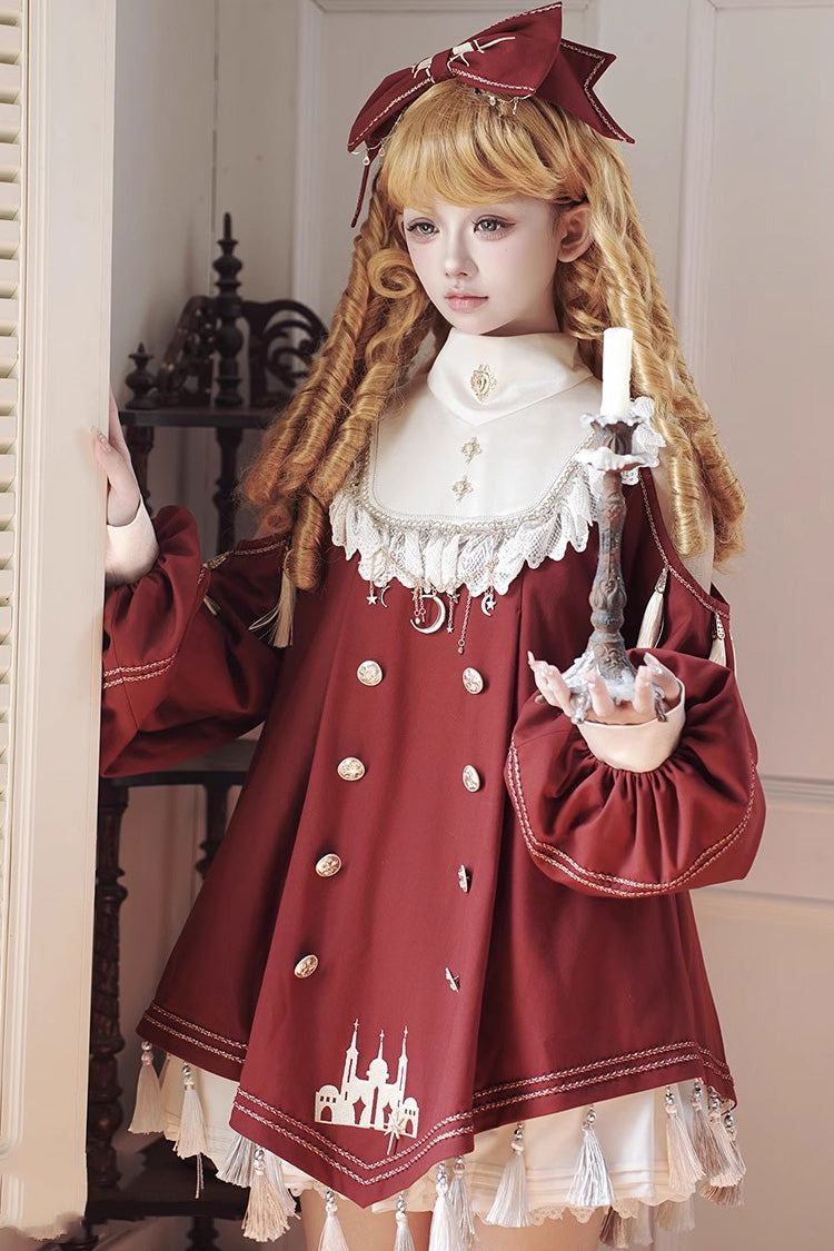 Red Starry Night Long Sleeves Ruffle Embroidery Sweet Princess Lolita Dress Full Set
