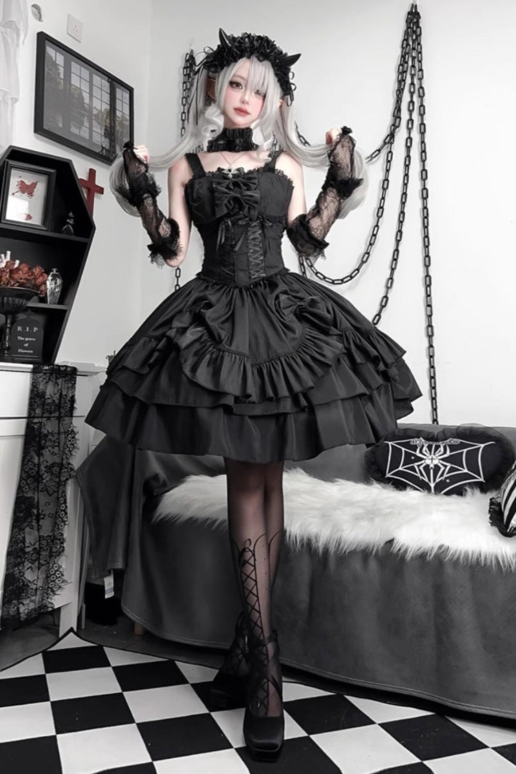 Black Butterfly Officer Triple-Layered Ruffle Bowknot Lace-Up Gothic Lolita Skirt Set