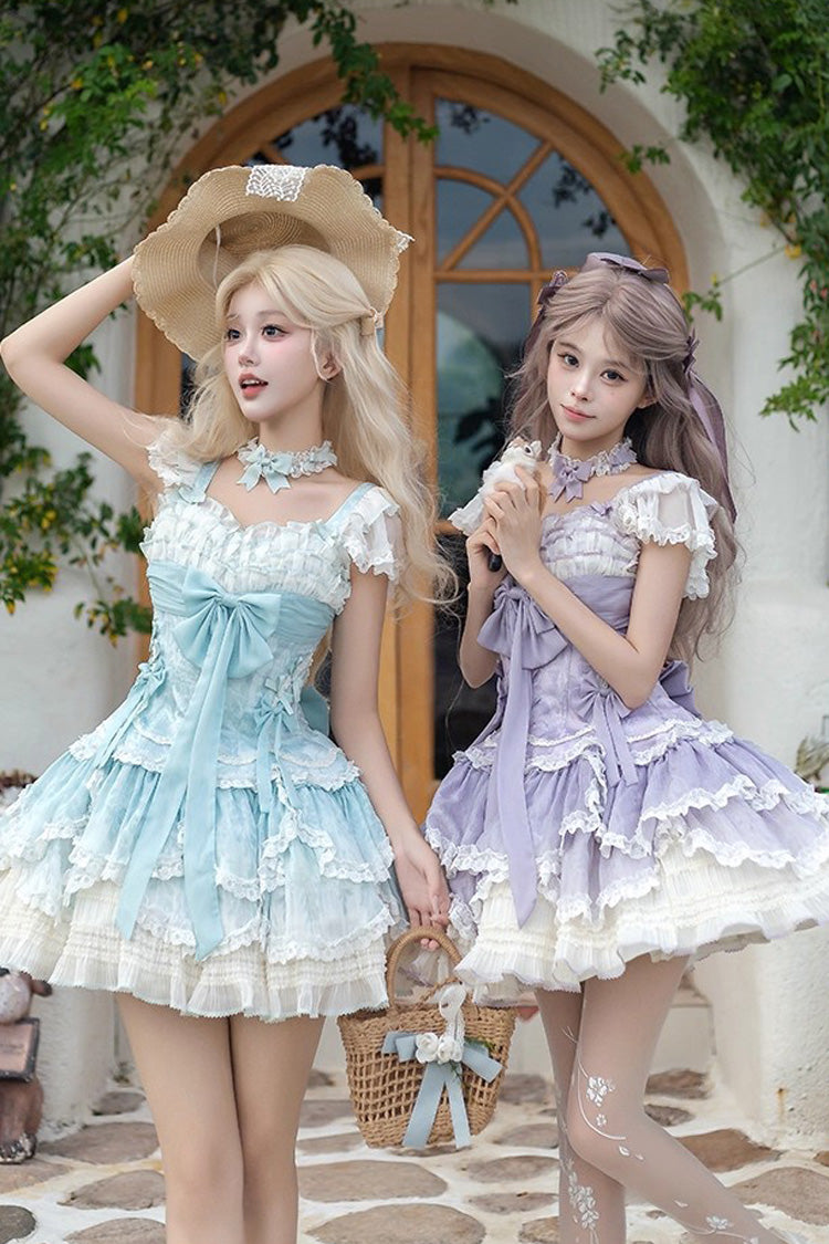 Purple Floral Dream Short Sleeves Multi-Layered Ruffle Embroidery Bowknot Lace-Up Sweet Elegant Ballet Lolita Jsk Dress