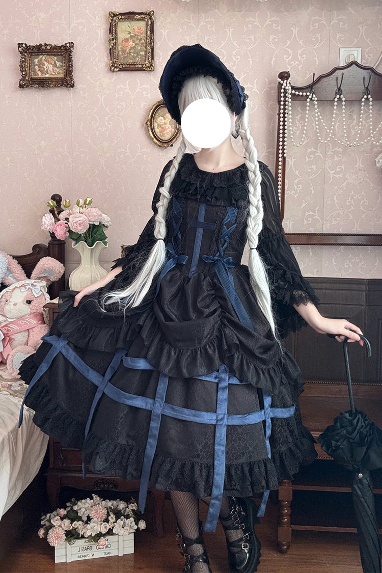 Lilith's Cage Sleeveless Print Ruffle Bowknot Lace-Up Gothic Elegant Lolita Jsk Dress 2 Colors