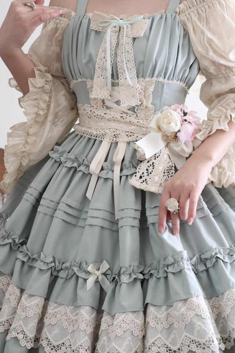 Green Vivian Off Shoulder Short Sleeves Ruffle Bowknot Lace Sweet Princess Lolita Dress