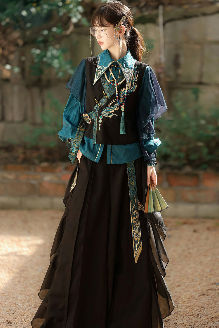 Black/Green Round Collar Long Sleeves Ruffle Embroidery Chinese Style Vintage Handsome Ouji Lolita Set