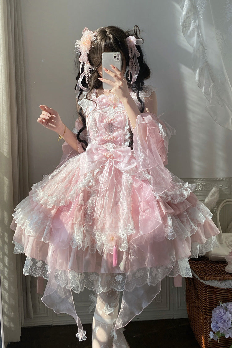 Pink Spring Waters Reflecting Pear Blossoms Ruffled Embroidered Open-Front Bow Lace Sweet Lolita Jsk Dress