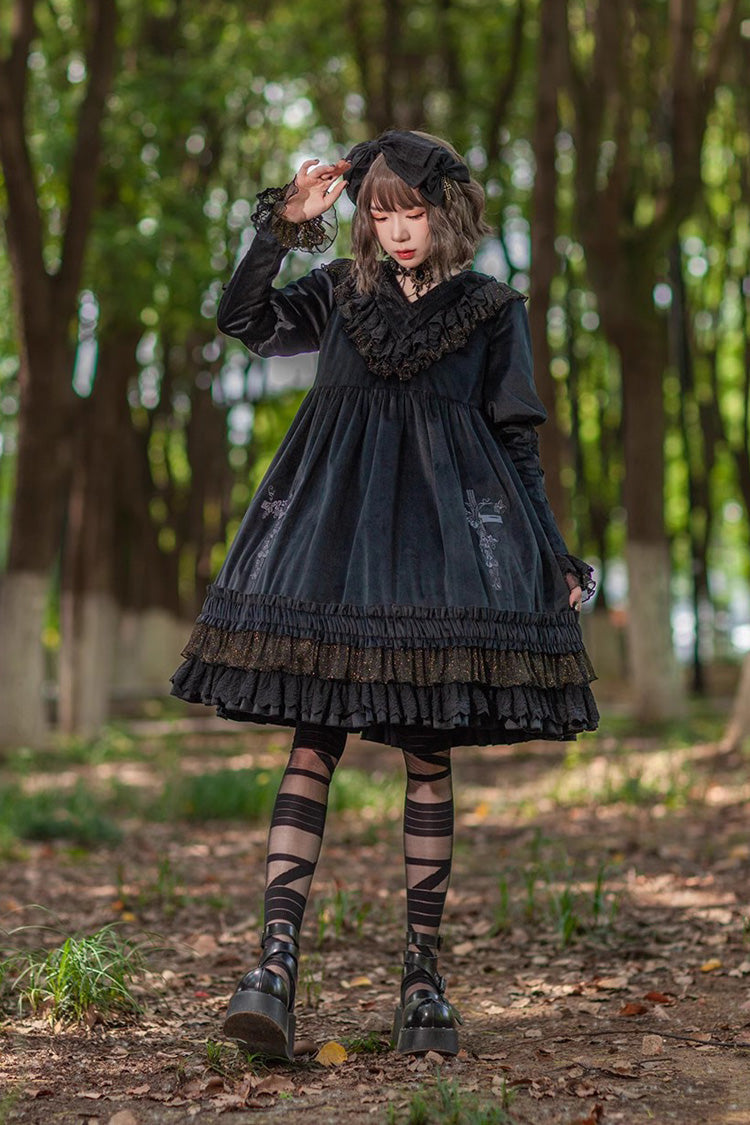 Holy Fruit Manor Embroidery Print Long Puff Sleeves Ruffle Gothic Lolita Dress 2 Colors