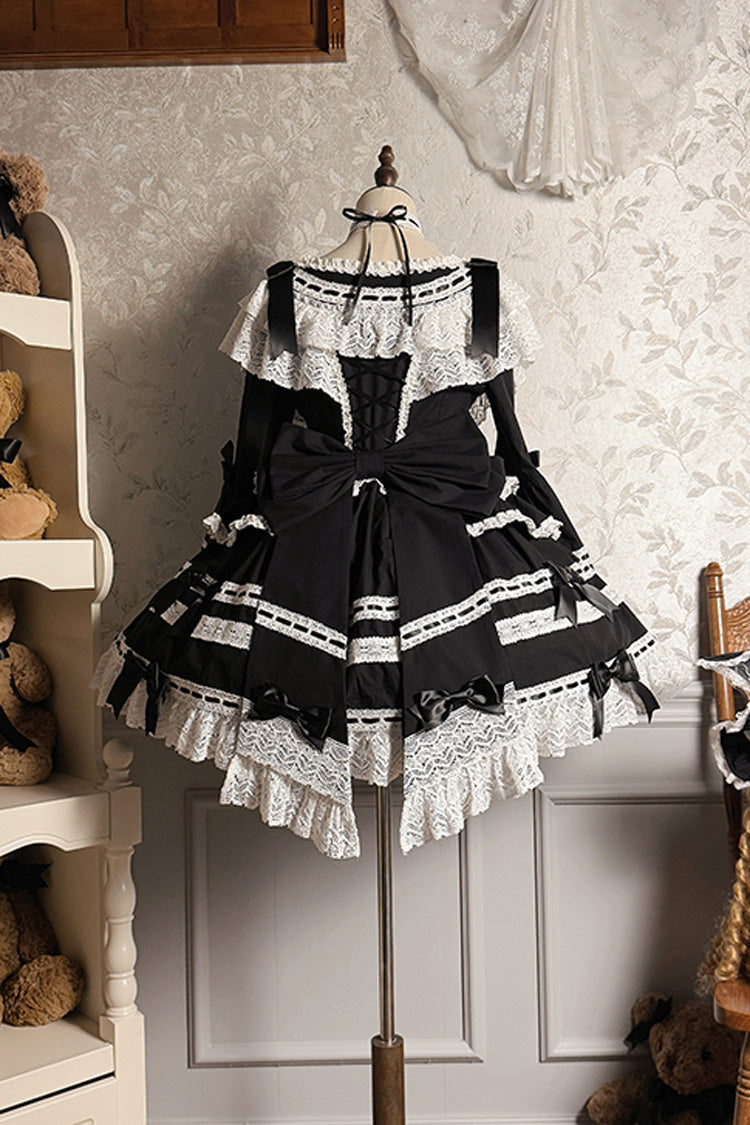 Black Rabbit Sleeping Doll Long Trumpet Sleeves Ruffle Bowknot Lace Sweet Lolita Dress
