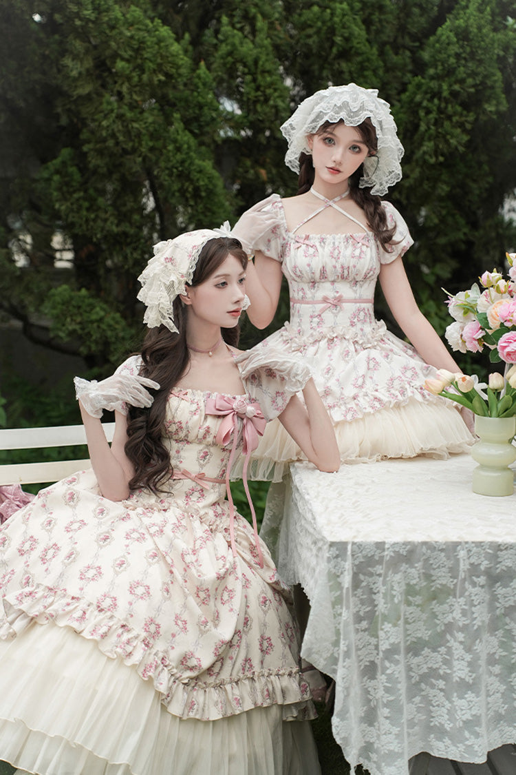 Ivory Rose After The Rain Short Sleeves Triple-Layered Print Ruffle Bowknot Lace-Up Sweet Lolita Short Dress