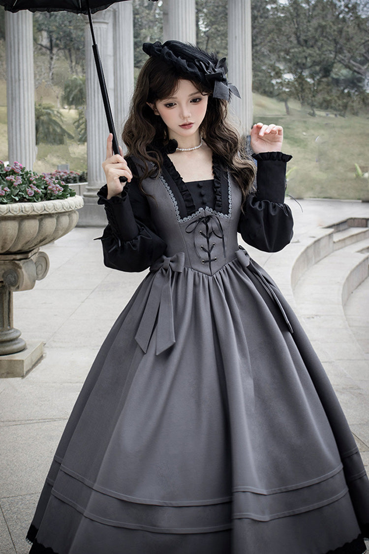 Grey Mist Chronicle Square Collar Long Sleeves Bowknot Lace-Up Color-Block Fake Two Pieces Classic Lolita Dress