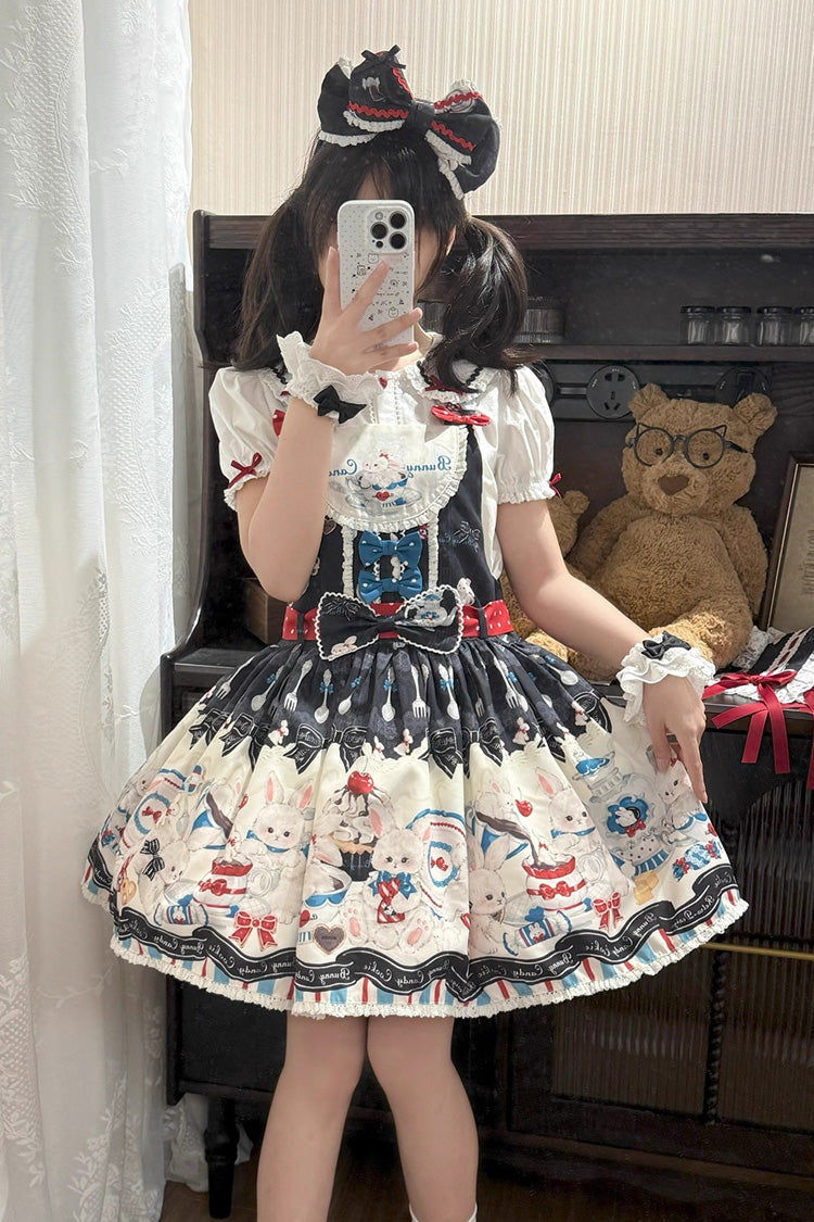 Black Mystery Rabbit Tea Party Sleeveless Print Bowknot Lace Sweet Lolita Strap Dress