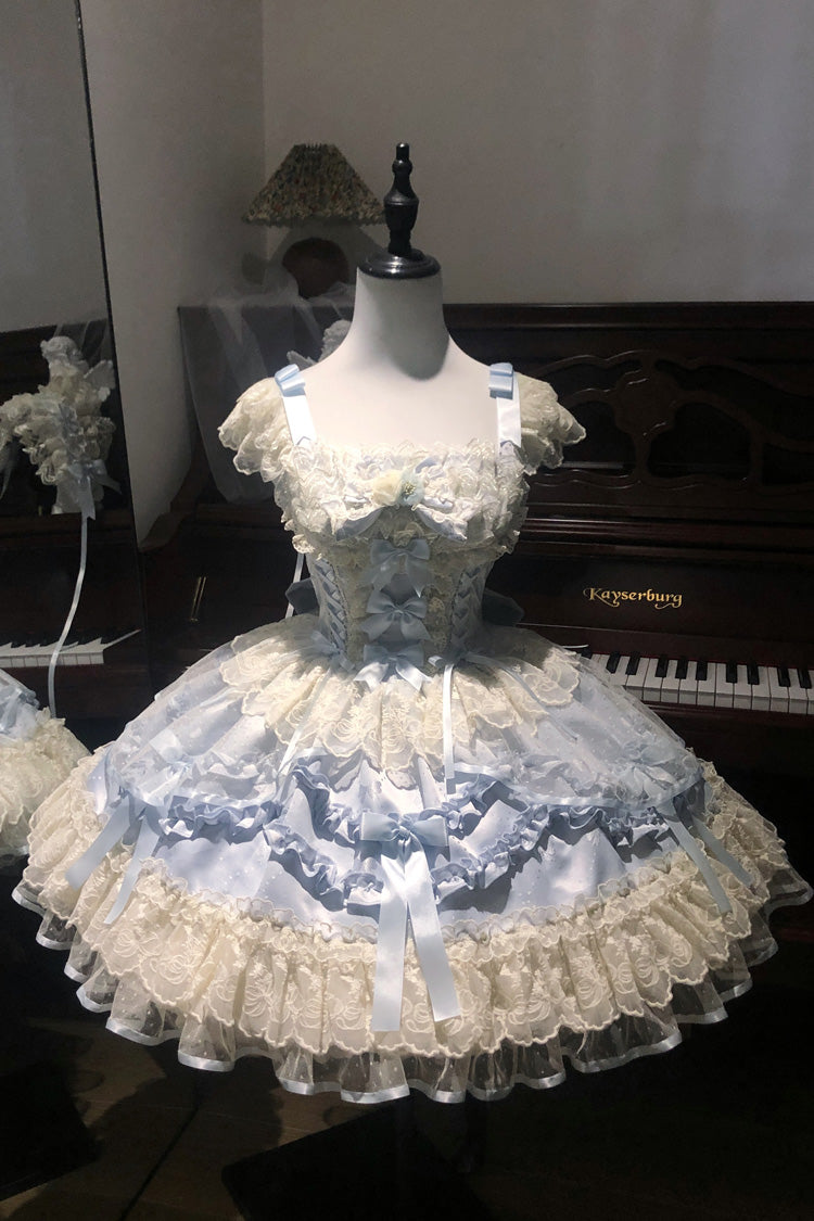 Blue Dreaming Butterfly Multi-Layered Jacquard Ruffle Bowknot Lace Sweet Princess Lolita Jsk Dress