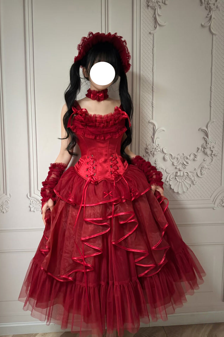 Red The Summer Waves Sparkle Square Collar Sleeveless Multi-Layered Ruffled Bow Lace-Up Slim Classic Lolita Skirt Set