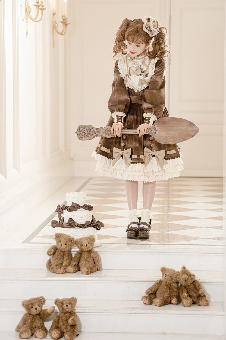 Brown Chocolate Cat Print Long Sleeves Ruffle Bowknot Sweet Lolita Dress