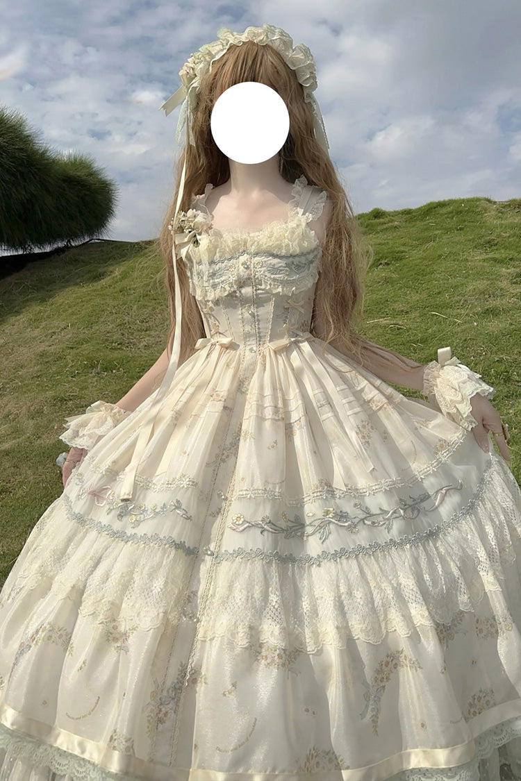 Multi-Color Daisy Poetry Print Ruffle Hollow Embroidery Lace Sweet Elegant Princess Lolita Jsk Dress