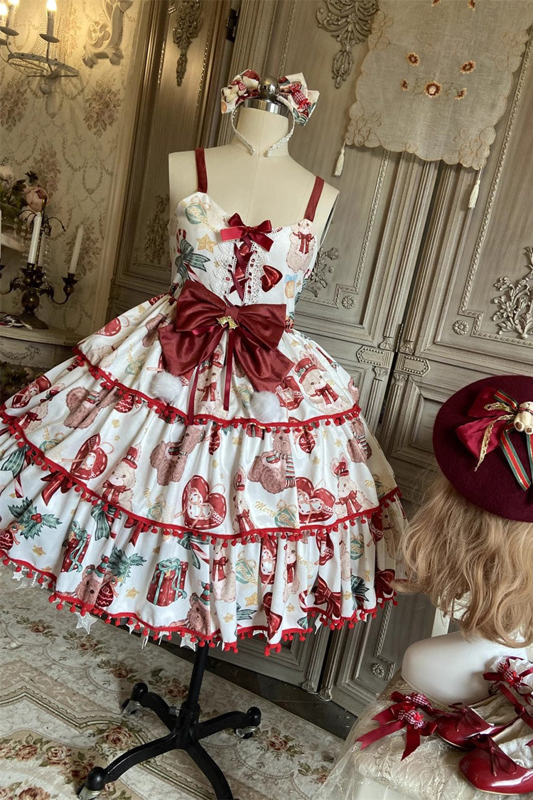 Red/White Christmas Bear Print Triple-Layered Ruffle Bowknot Sweet Princess Lolita Jsk Dress