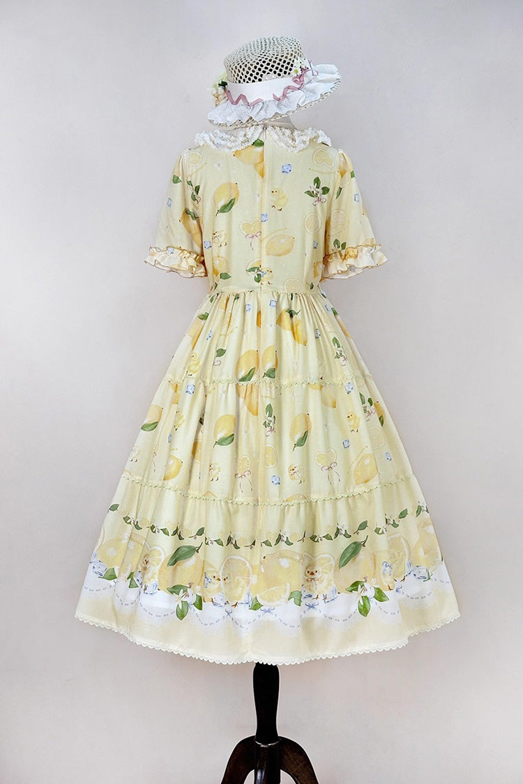Yellow Lemon Chicken Short Sleeves Print Ruffle Bowknot Lace Daily Sweet Lolita Dress