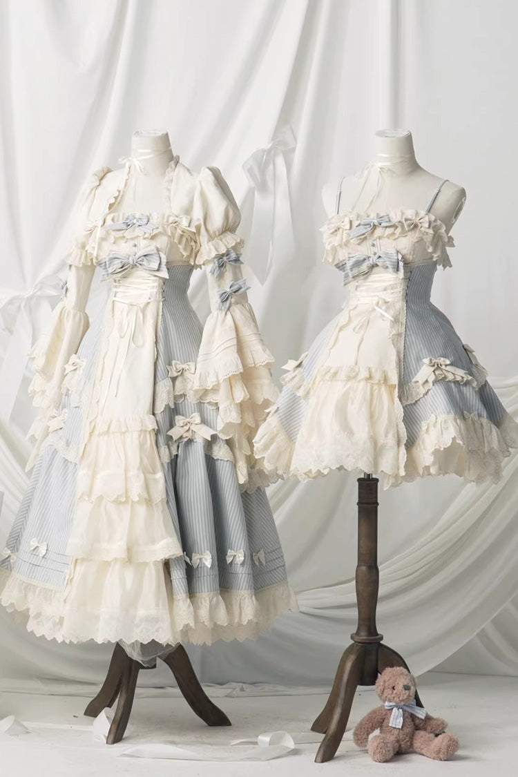 Blue Letter Paper Sleeveless Double-Layered Printed Ruffled Open-Front Bow Lace-Up Sweet Lolita Jsk Dress (Long Version)