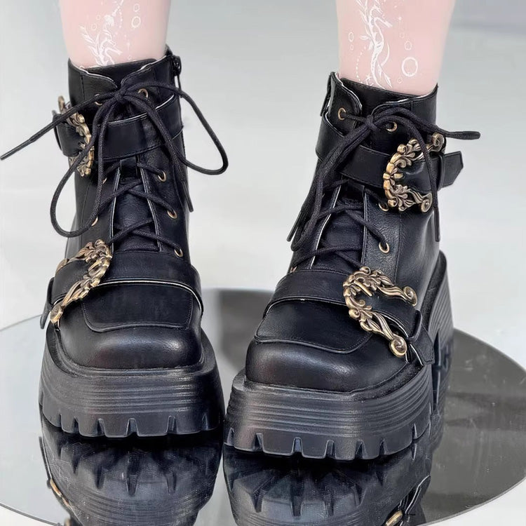 Vintage Accordion Knight Bowknot Chinese College Style Lolita Ankle Boots 2 Colors