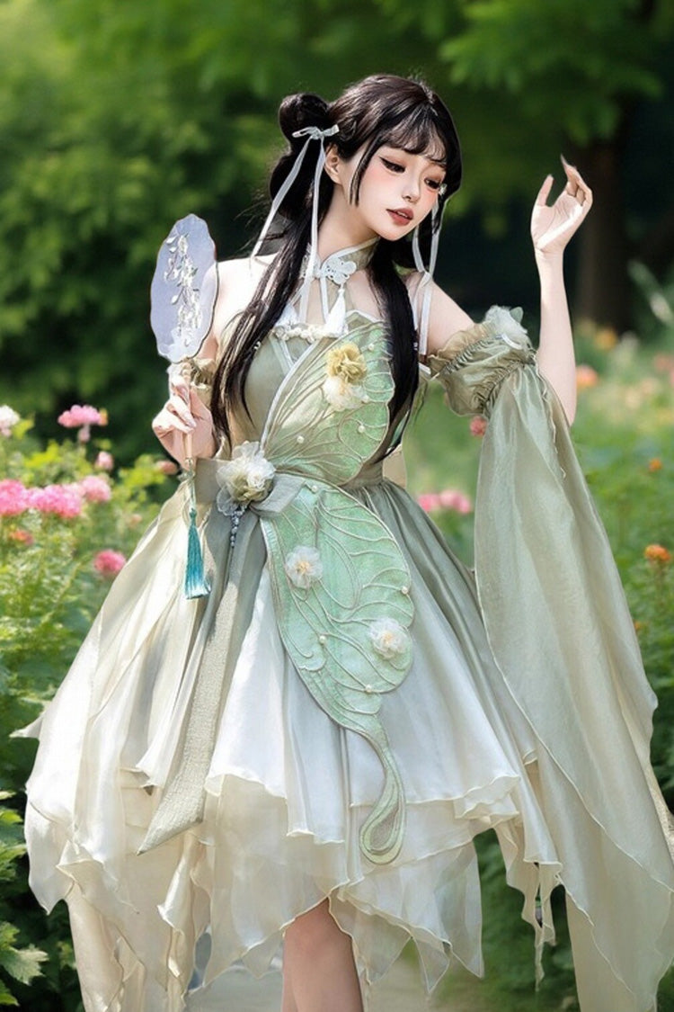 Green Halterneck Sleeveless Bowknot Lace Irregular Sweet Chinese Style Lolita Jsk Dress