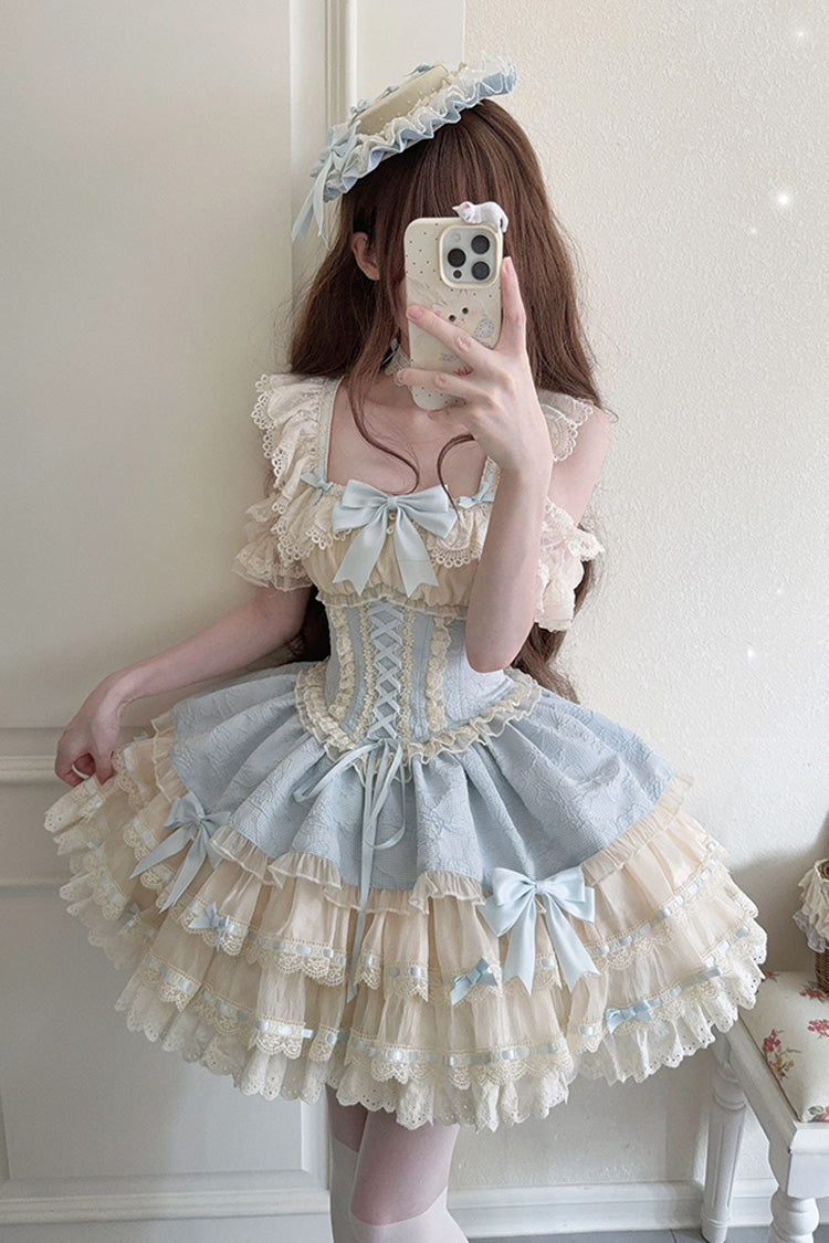 Blue Flory Butterfly Double-Layered Ruffle Bowknot Lace Lace-Up Sweet Ballet Lolita Jsk Dress