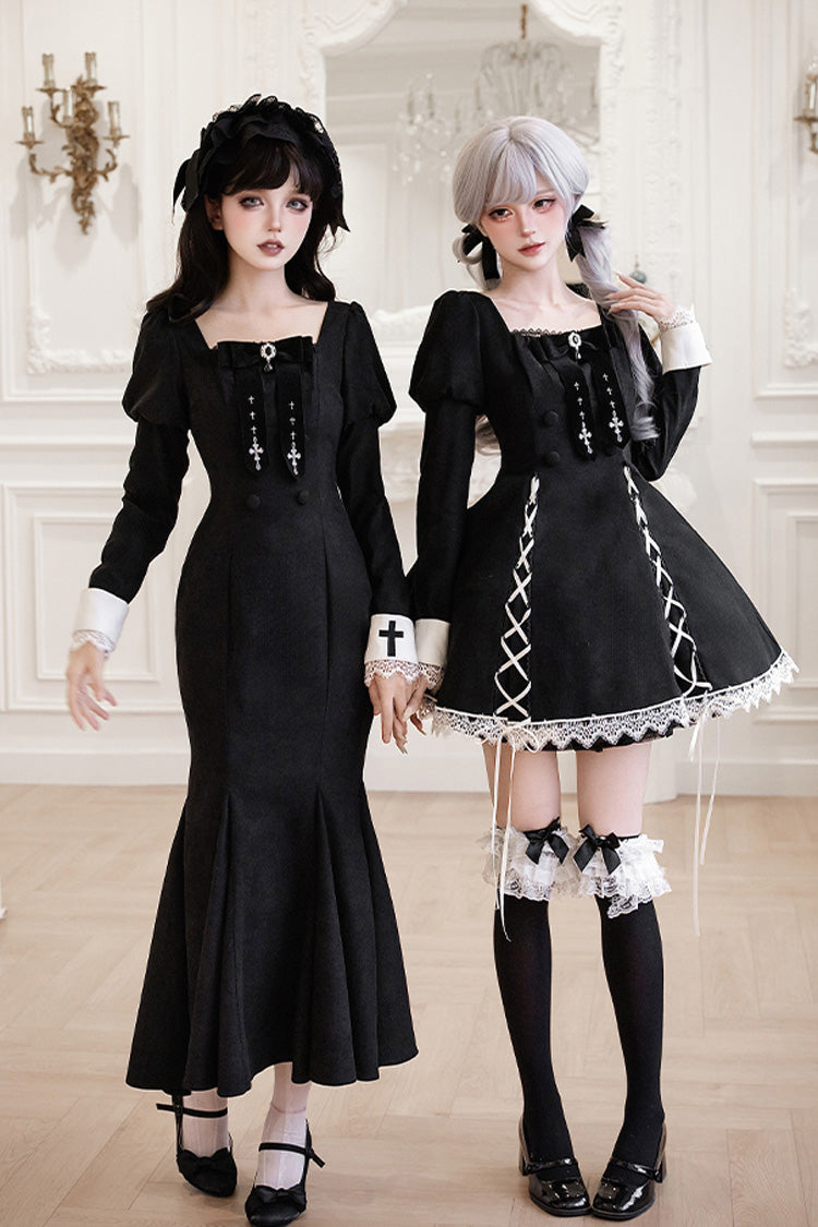 Black/White Rose Doll Square Collar Long Sleeves Bowknot Lace-Up Gothic Lolita Dress Set 2 Versions