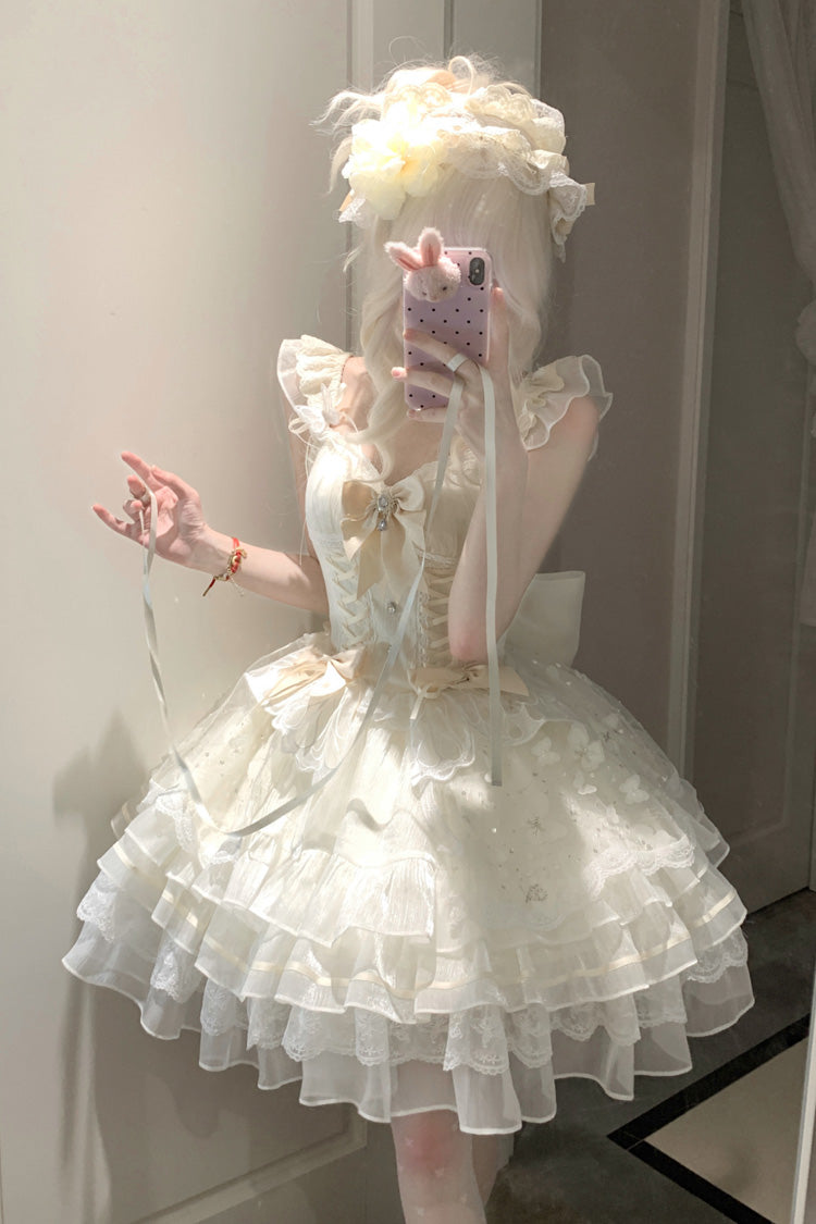 Ivory First Love Multi-Layered Ruffle Bowknot Lace-Up Sweet Elegant Princess Lolita Jsk Dress