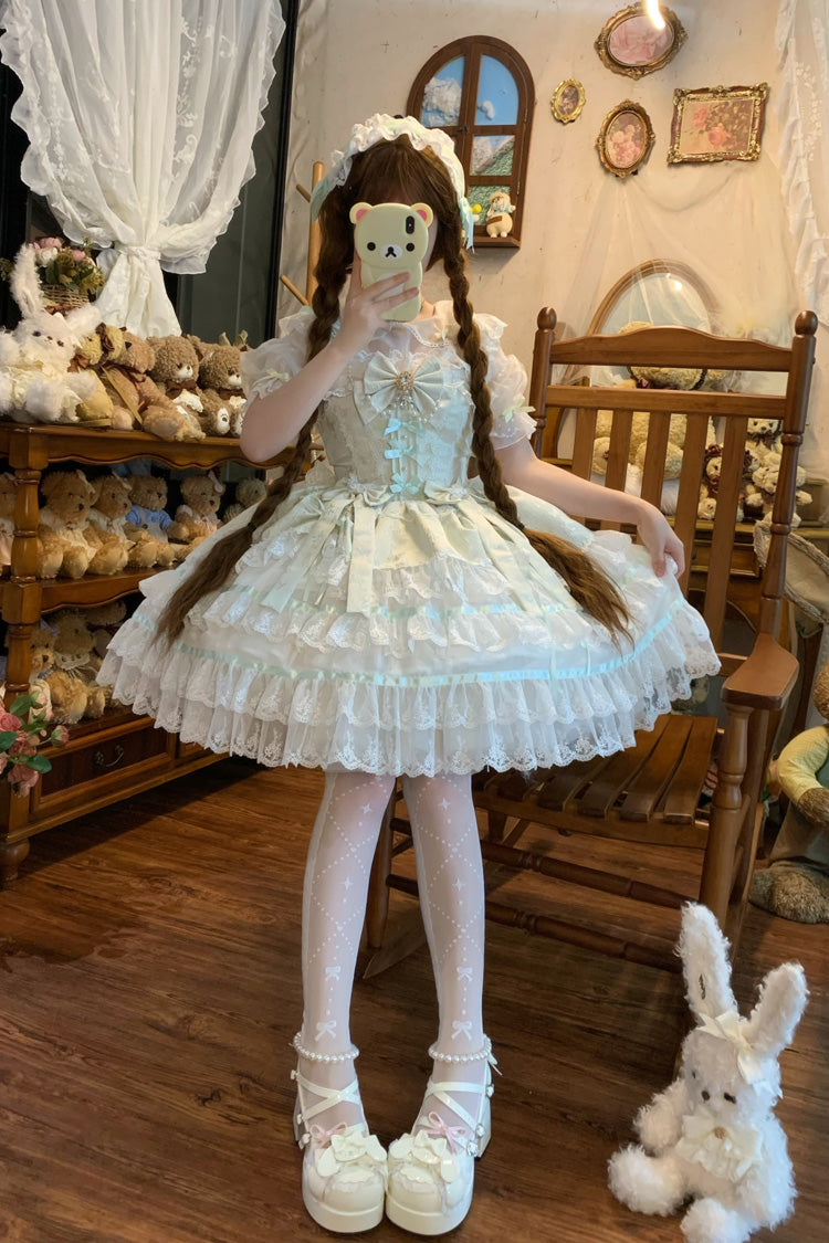 Green Snow Kissed Romance Sleeveless High Waisted Multi-Layered Bowknot Lace Pearl Sweet Ballet Lolita Jsk Dress
