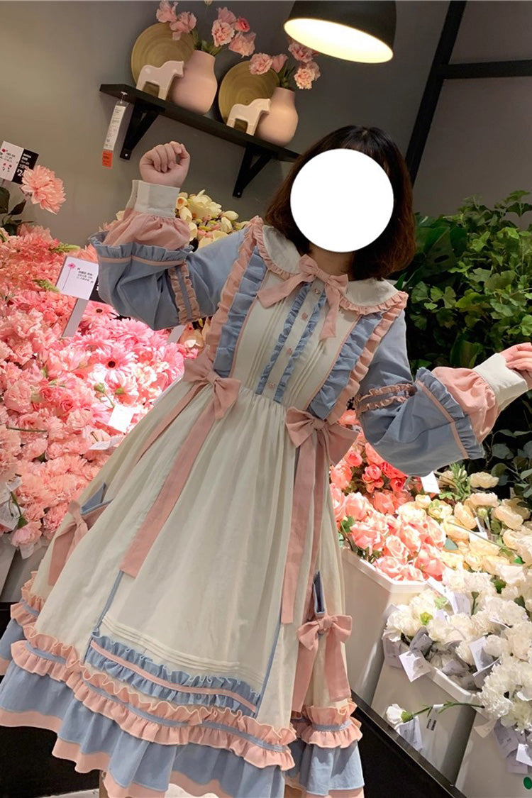 Blue/Pink Sweetheart Puff Doll Collar Long Sleeves Ruffle Bowknot Sweet Plus Size Lolita Dress
