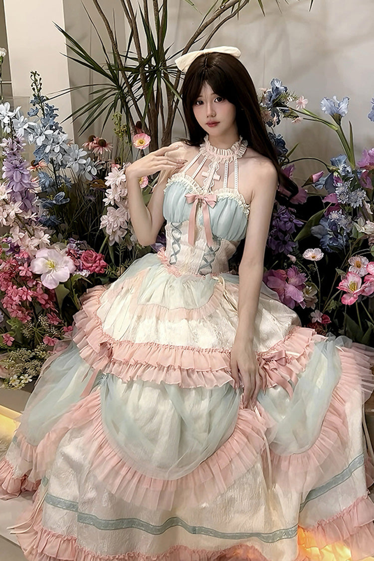 Multi-Color Mermaid Halterneck Ruffle Bowknot Lace Lace-Up Sweet Lolita Dress