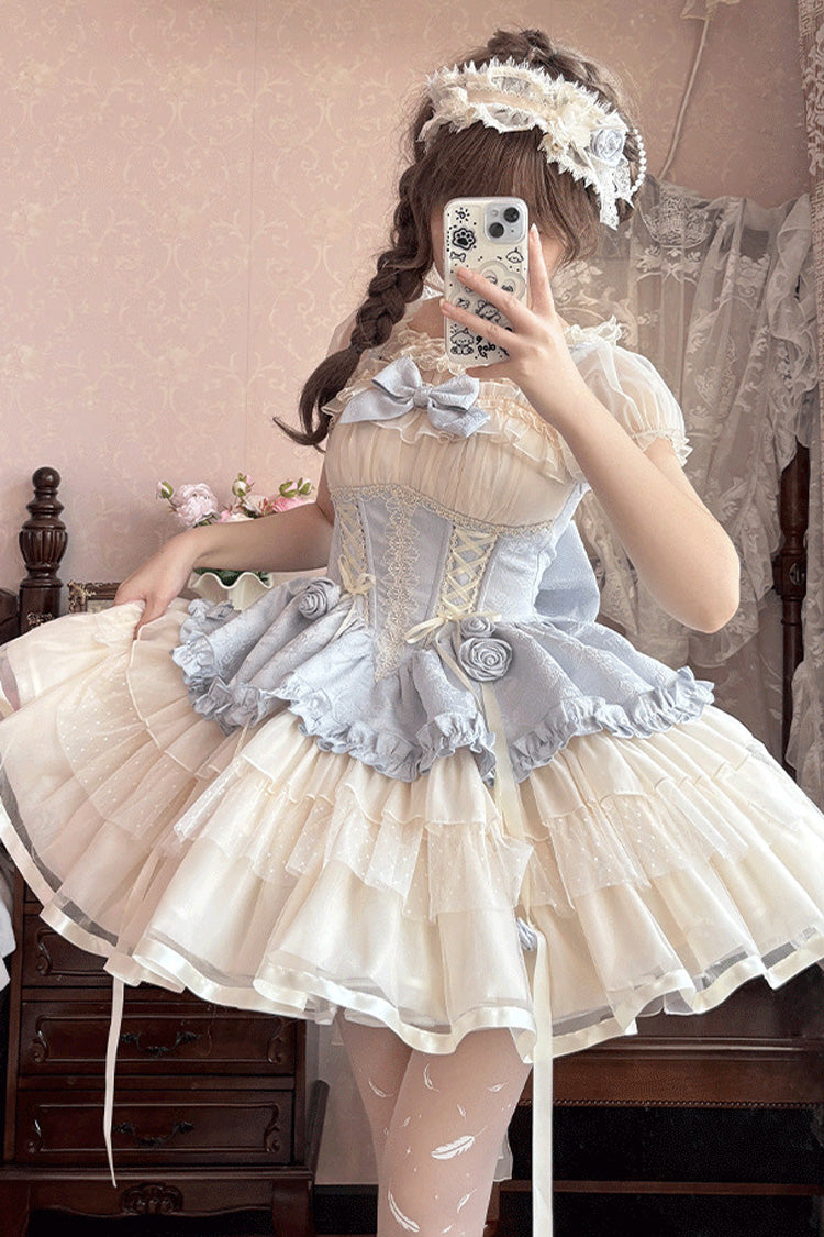 Blue/Ivory Dance of Time Triple-Layered Ballet Style Bowknot Lace-Up Sweet Lolita Jsk Dress