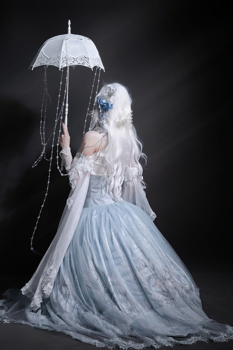Blue Snow Lily Print Ruffle Hanayome Embroidery Bowknot Lace-Up Sweet Elegant Princess Lolita Skirt Set