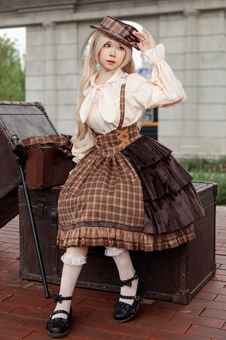 Brown Morning Tune Sleeveless High Waisted Print Ruffle Asymmetric Sweet Lolita Strap Dress