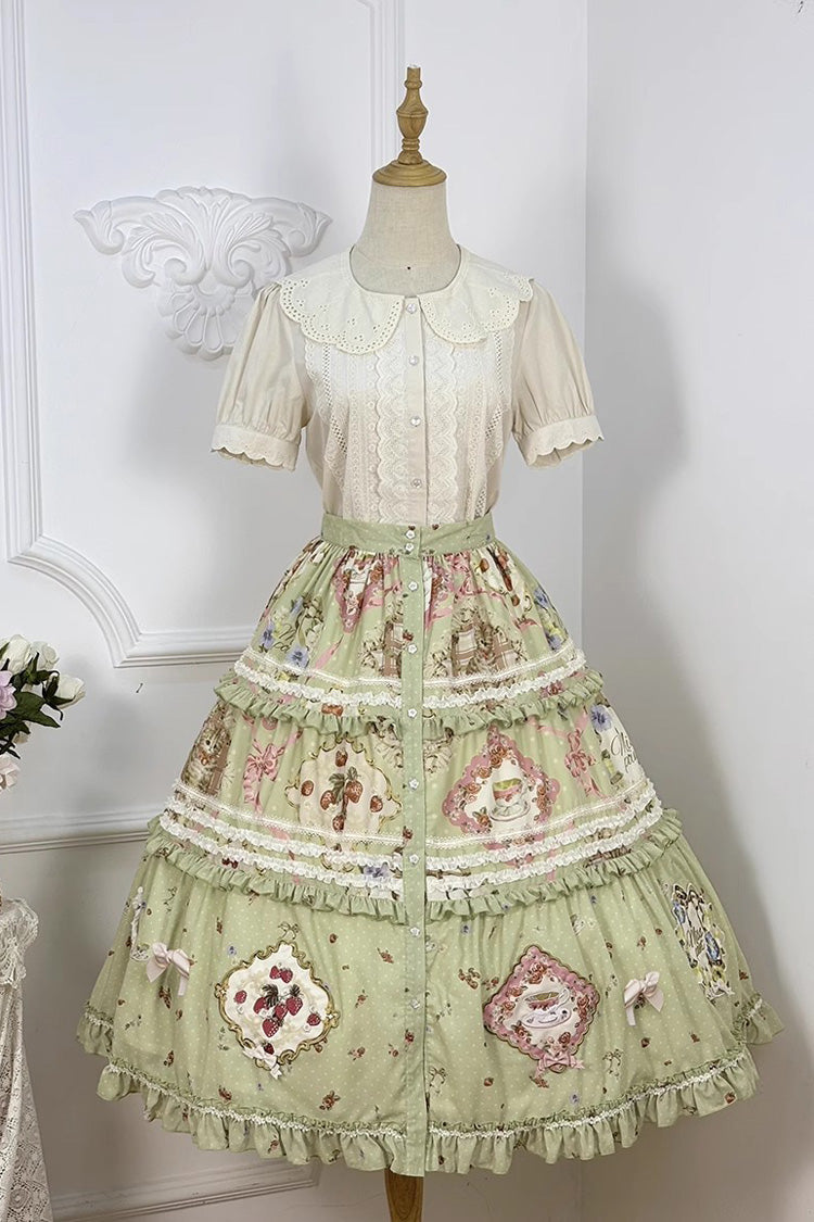 Green Cat Rose Tea Print Ruffle Sweet Gorgeous Lolita Skirt