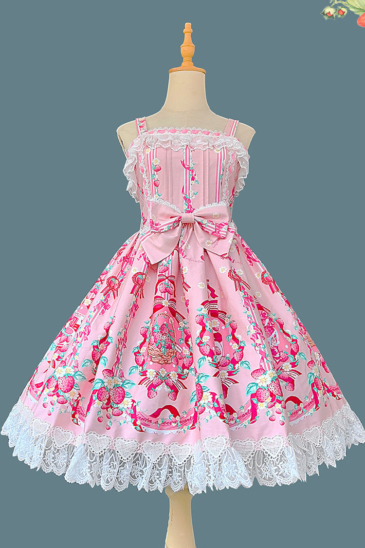 Strawberry Chef Sleeveless Print Bowknot Lace Sweet Lolita Jsk Dress 4 Colors