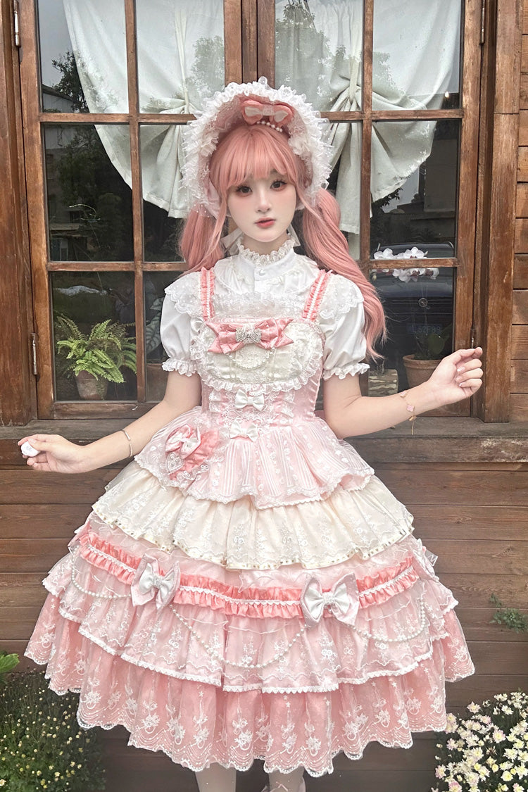 Pink Falling Sakura Multi-Layered Ruffled Hanayome Bow Lace Sweet Plus Size Princess Lolita Jsk Dress