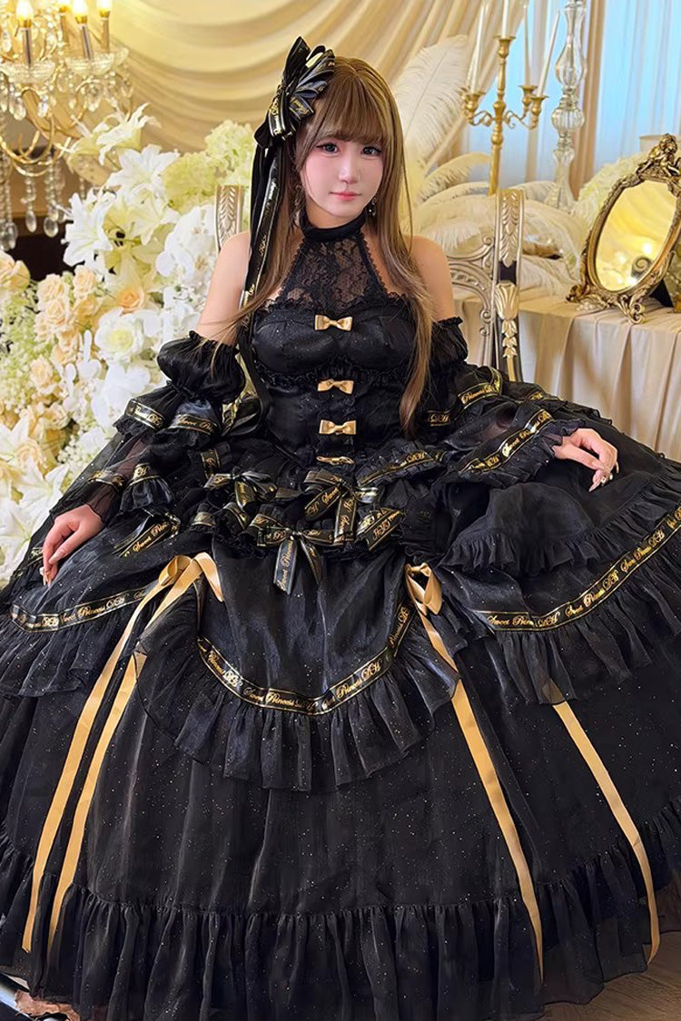 Black Obsidian Banquet Double-Layered Ruffled Hanayome Bow Lace Sweet Gothic Princess Lolita Jsk Dress