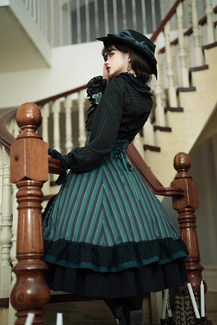 Point Manor Multi-layer Striped Print Ruffle Vintage Elegant Gothic Lolita Skirt 4 Colors