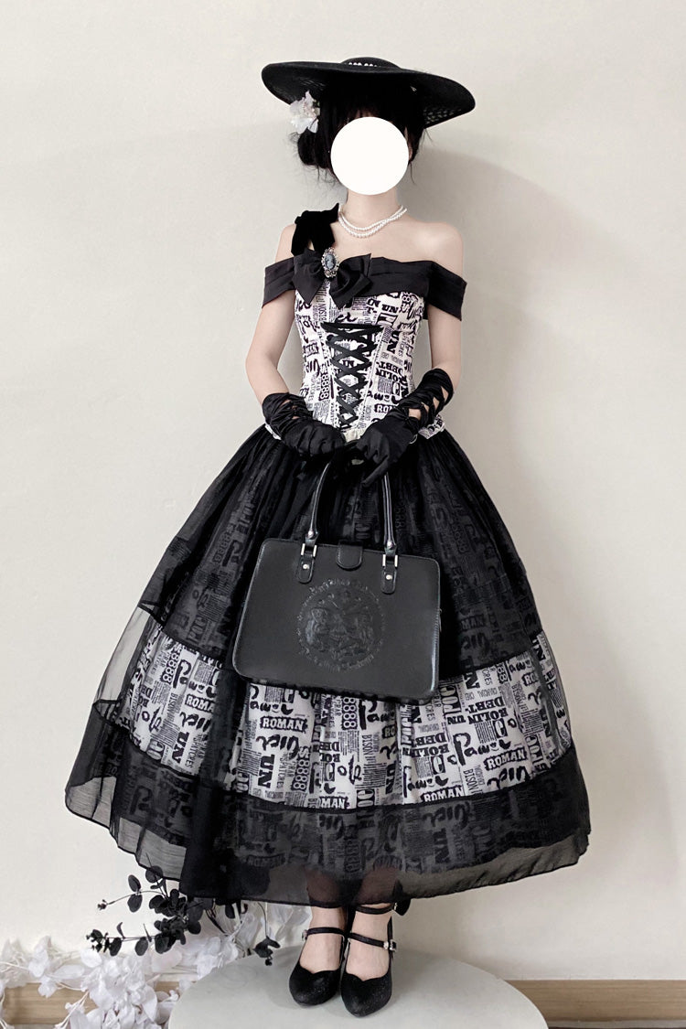 Black Pin-Up Girl Boat Neck Printed Ruffled Bow Lace-Up Asymmetric Gothic Elegant Lolita Skirt Set