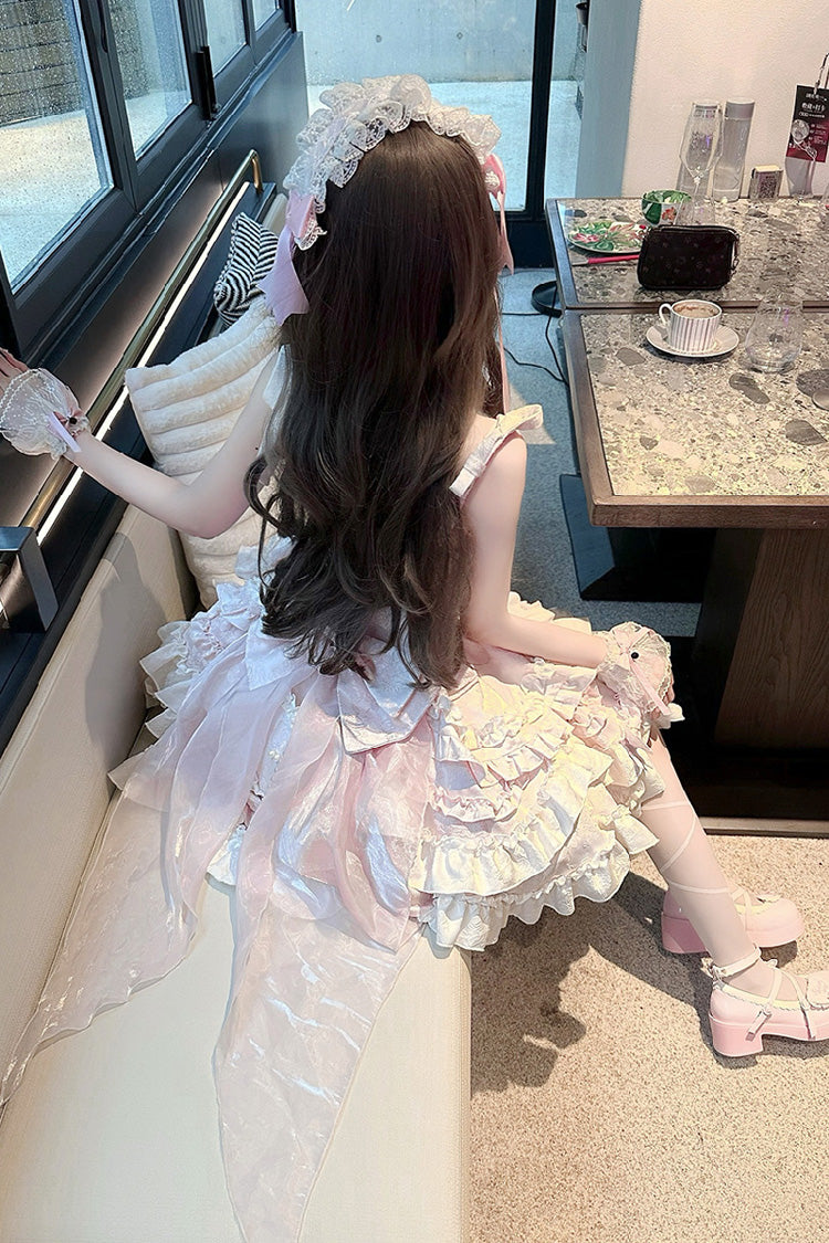 Pink Heart of Butterfly Halterneck Sleeveless Multi-Layered Ruffle Embroidery Princess Ballet Lolita Jsk Dress Set