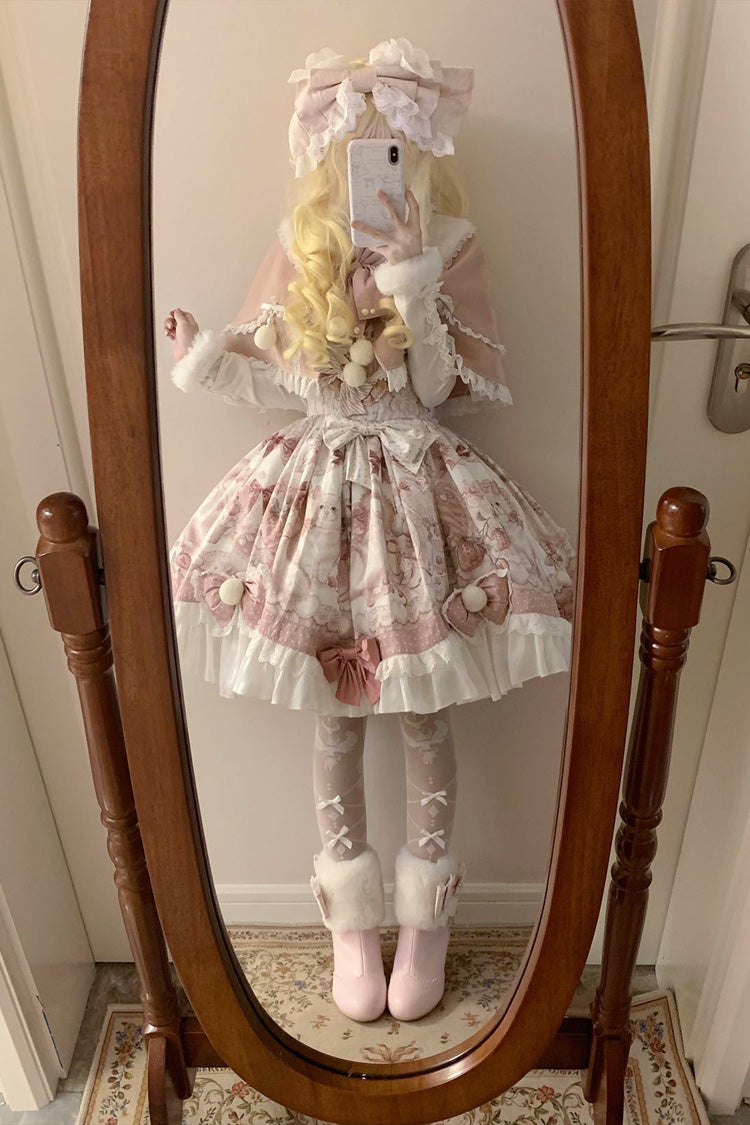Pink Sweet Dessert Cat Print Ruffle Bowknot Lace Sweet Princess Lolita Dress Set