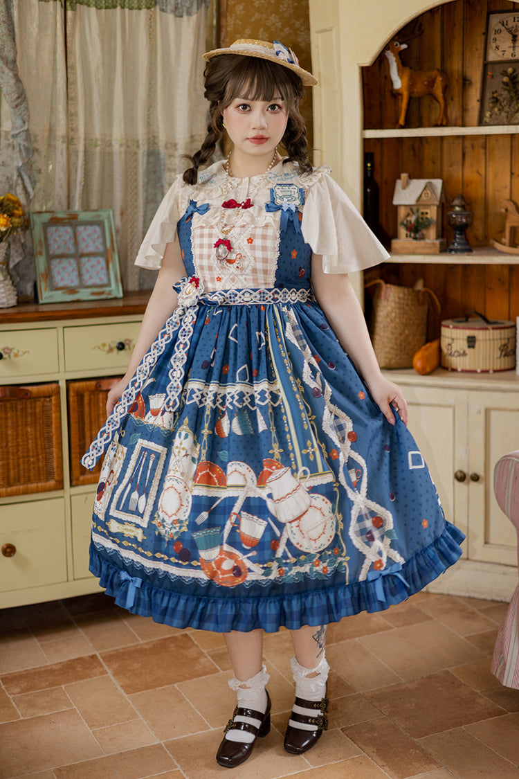 Dark Blue Tea Party Print Ruffle Bowknot Lace Sweet Elegant Lolita Jsk Dress