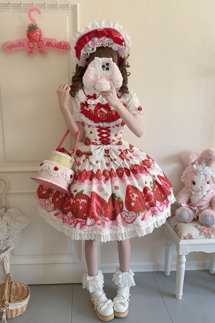 Sweet Berry Tale Strawberry Print Ruffle Bowknot Lace Sweet Lolita Jsk Dress 4 Colors
