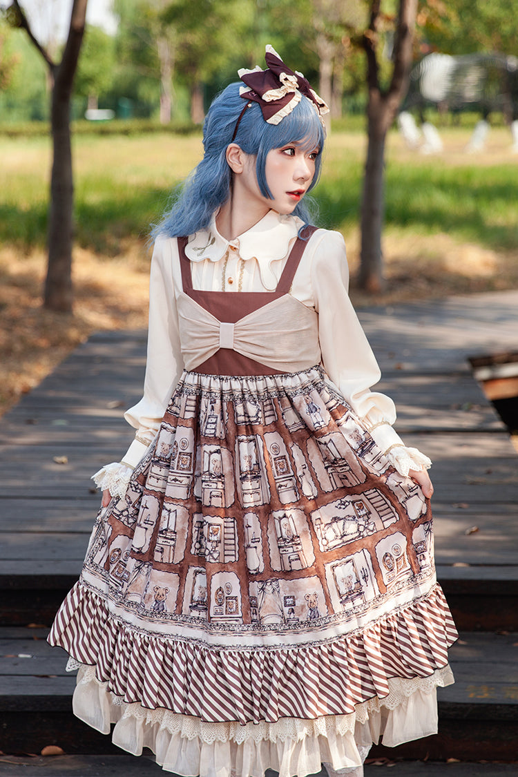 Brown Underground Bear Print Ruffle Bowknot Sweet Lolita Dress