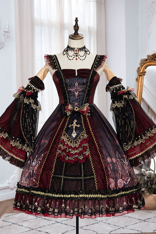 Wine Vintage Hanayome Eye of Red Heart Bowknot Multi-Layer Ruffled Classic Lolita JSK Dress