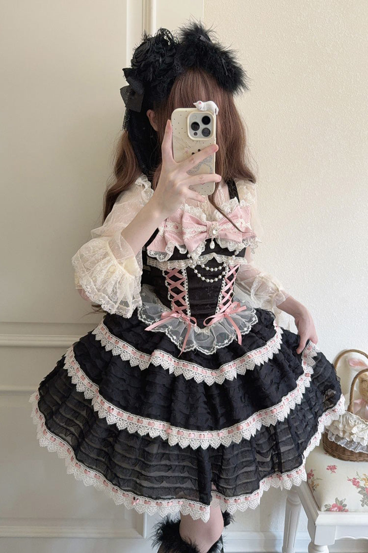 Black Song of Floral Letters Sleeveless Triple-Layered Bowknot Lace-Up Sweet Lolita Jsk Dress
