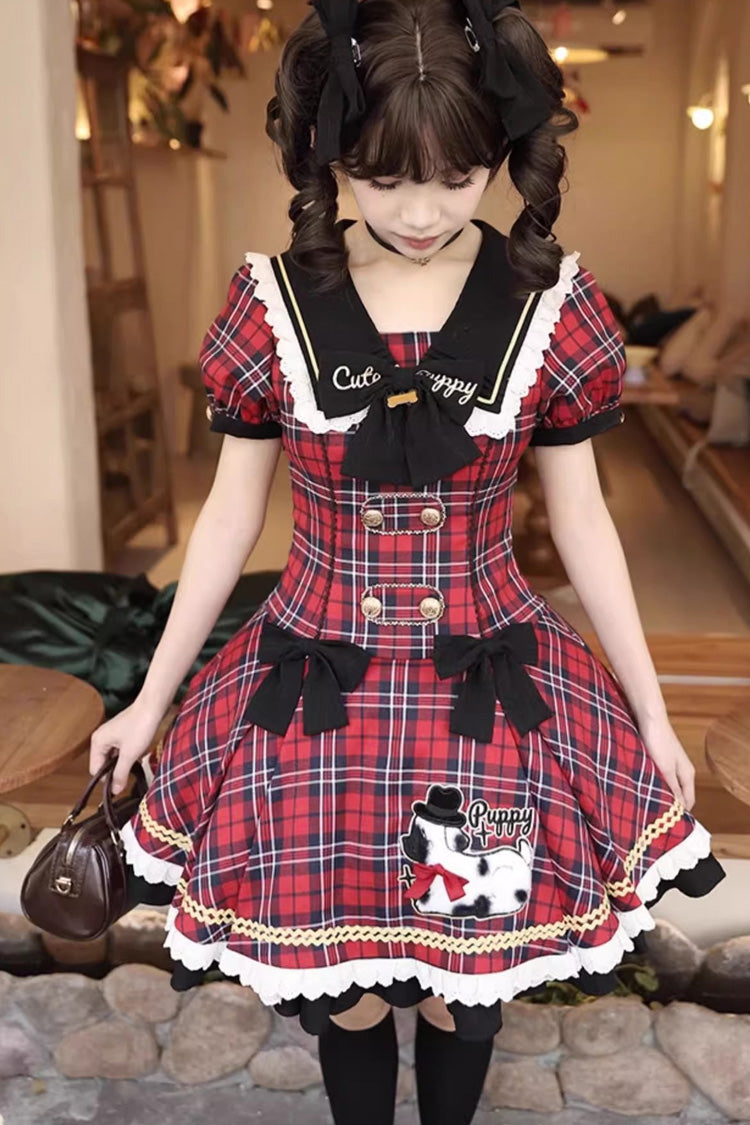Red Dalmatian Short Sleeves Print Ruffle Bowknot Slim Sweet Lolita Dress