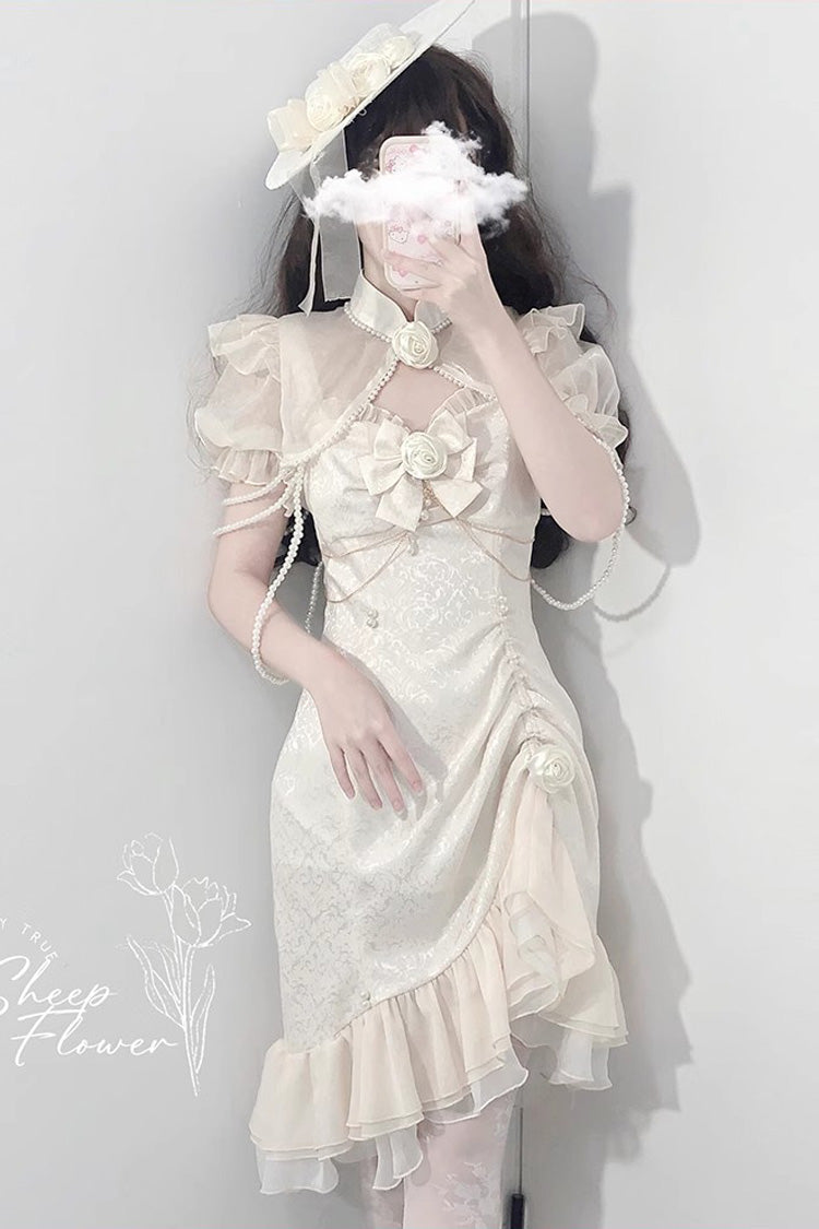 White Camellia 2.0 Sleeveless Jacquard Ruffle Lace Asymmetric Sweet Chinese Style Fishtail Lolita Jsk Dress