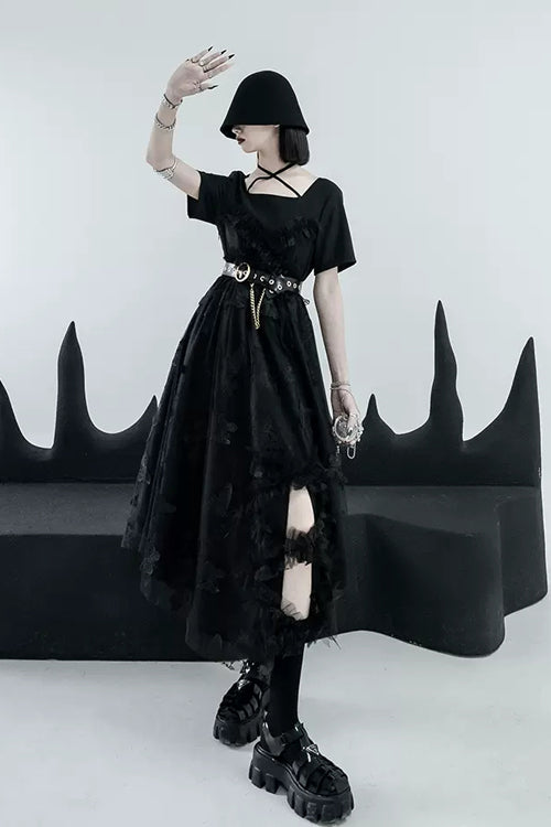 French Square Collar Short Sleeves Irregular Hem Long Gothic Lolita Dress