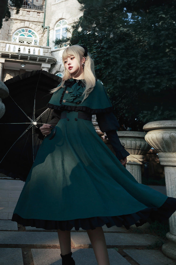 Green Potions School Long Sleeves Ruffle Bowknot Sweet Elegant Lolita Dress Two-piece Set