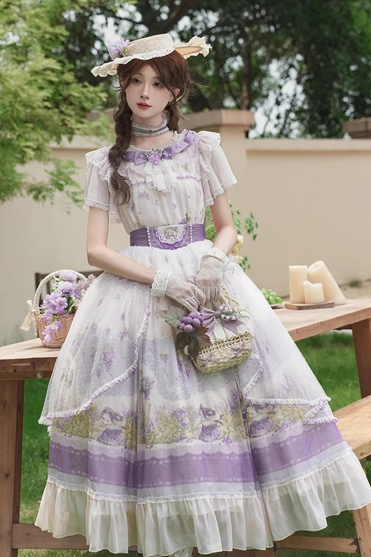 White/Purple Rabbit Vine Story Grape Print Short Sleeves Bowknot Lace Elegant Sweet Lolita Skirt Set