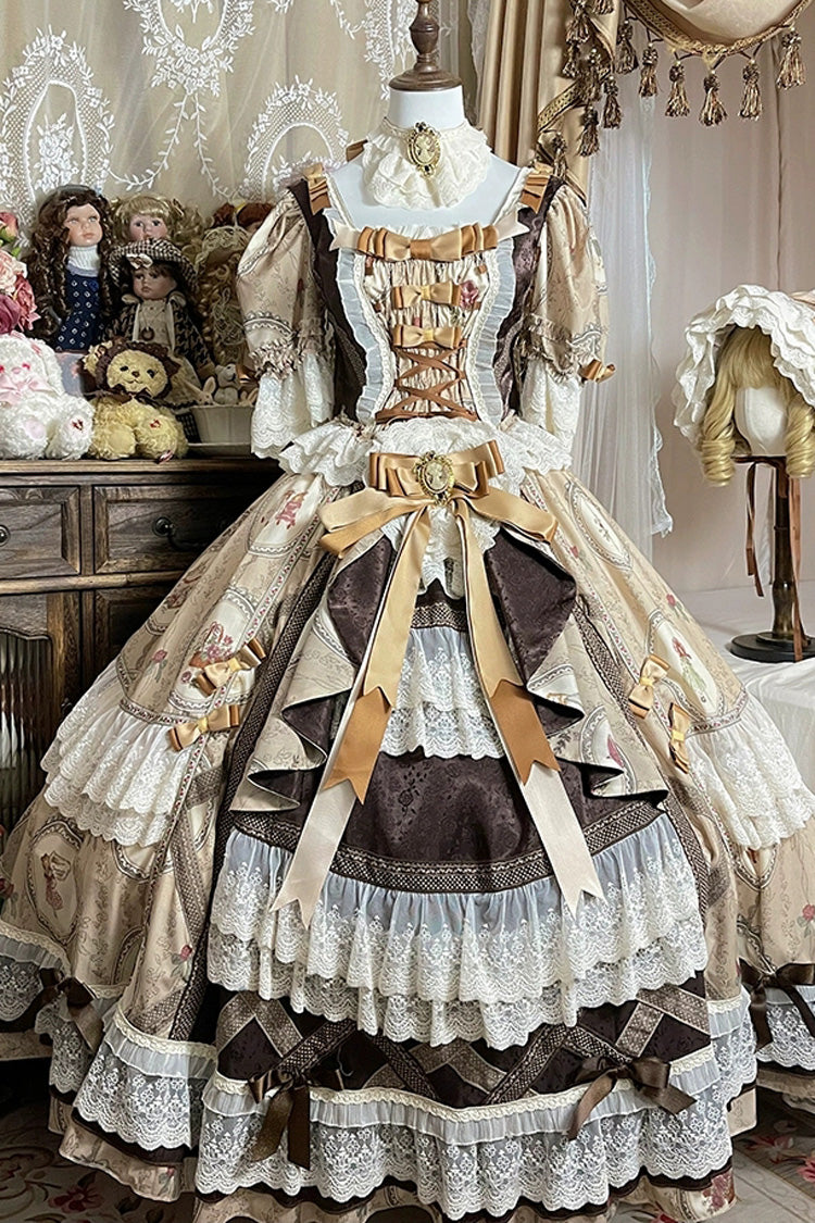 Brown Baker Street Tea Party Short Sleeves High Waisted Print Ruffle Embroidery Cardigan Bowknot Lace-Up Classic Vintage Princess Lolita Dress