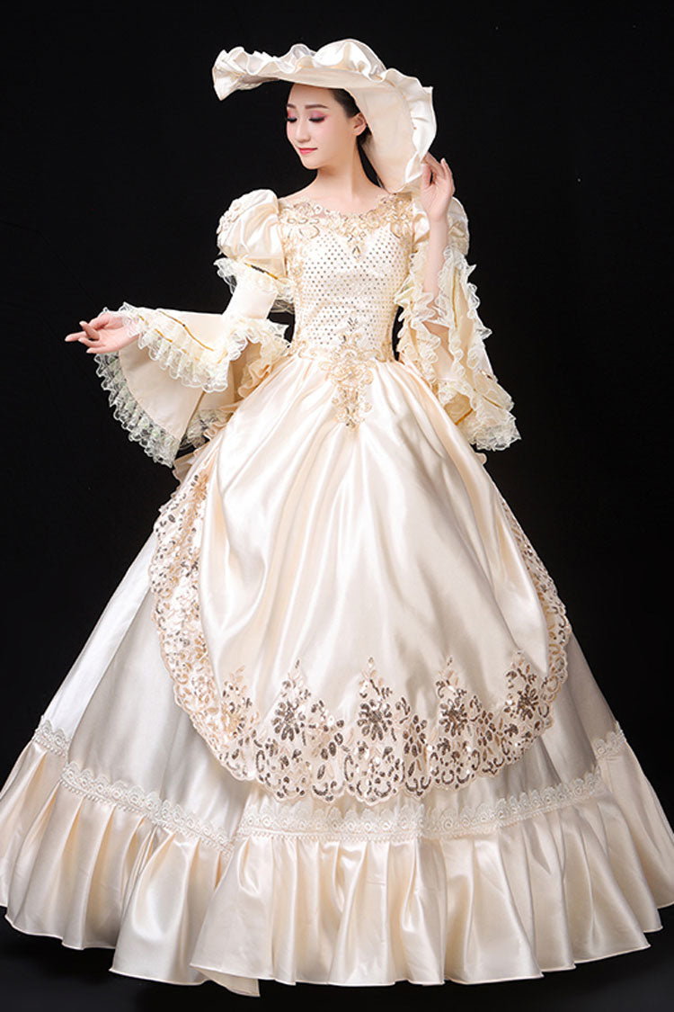 White Court Style High Waisted Flowers Decoration Hime Sleeves Victorian Lolita Prom Dress